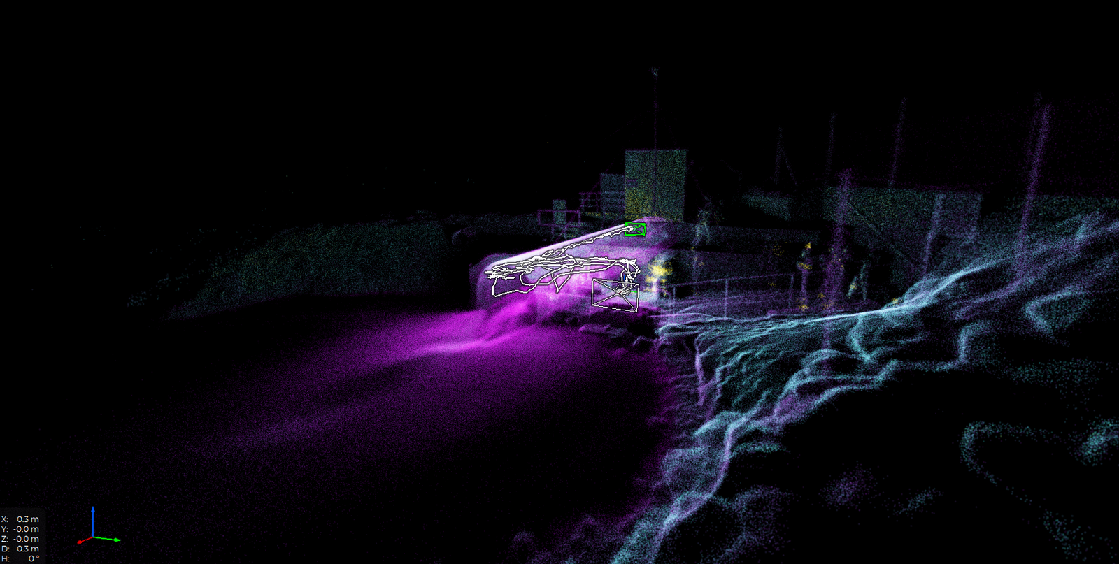 Acquisition LiDAR en points violets et bleus avec la trajectoire affichée dans le logiciel