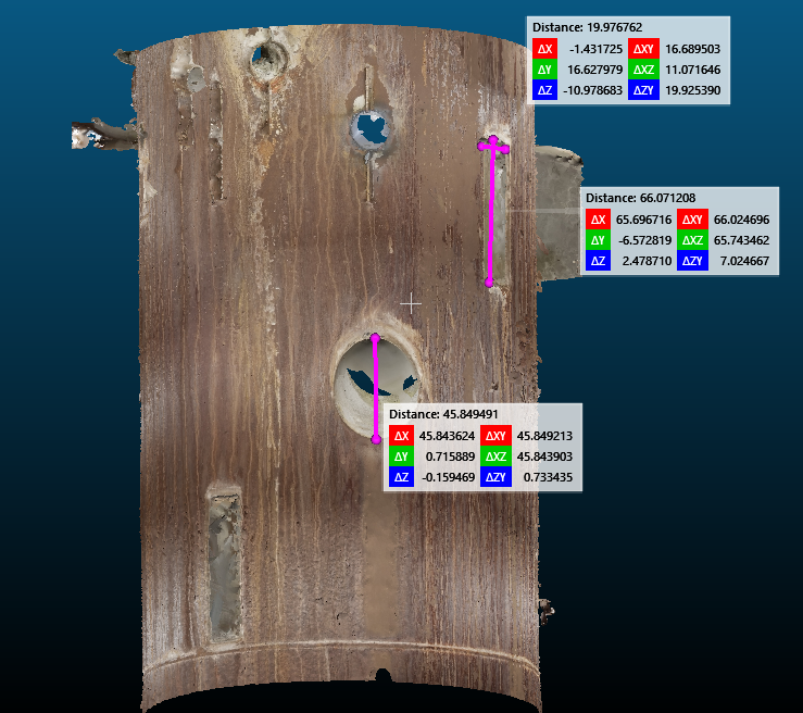 Paroi modélisée en 3D avec des annotations de mesure